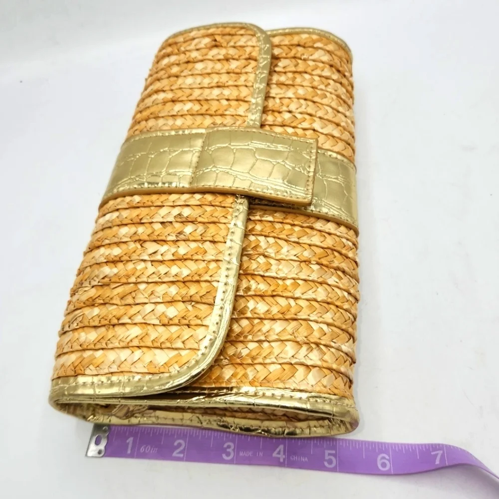 Big Buddha Straw Faux Leather Gold Crocs Trim Accents Fold Over Clutch